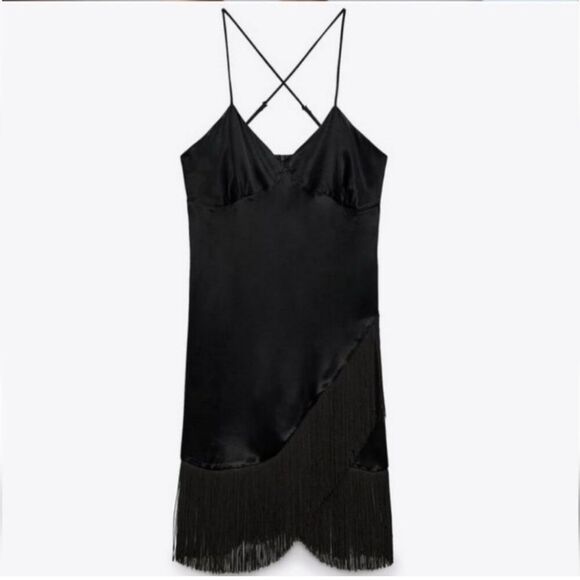Zara - Black Satin Fringe Dress- Brand new with tag - Picture 1 of 4